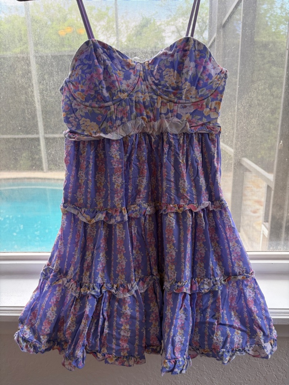 Sleeveless Lavender Floral Tiered Mini Dress with Sweetheart Bodice